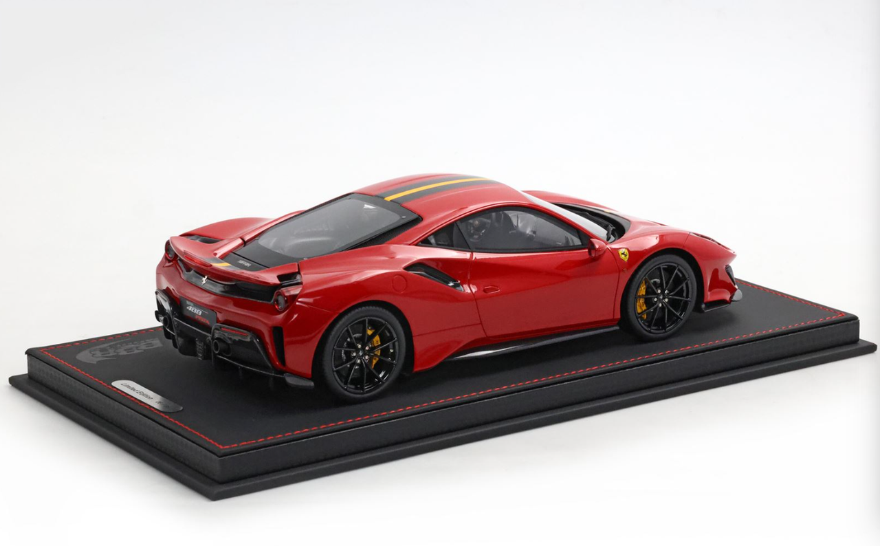 1/18 BBR Ferrari 488 Pista (Rosso Corsa Red with Carbon Fiber Rims & Yellow Strips) Car Model