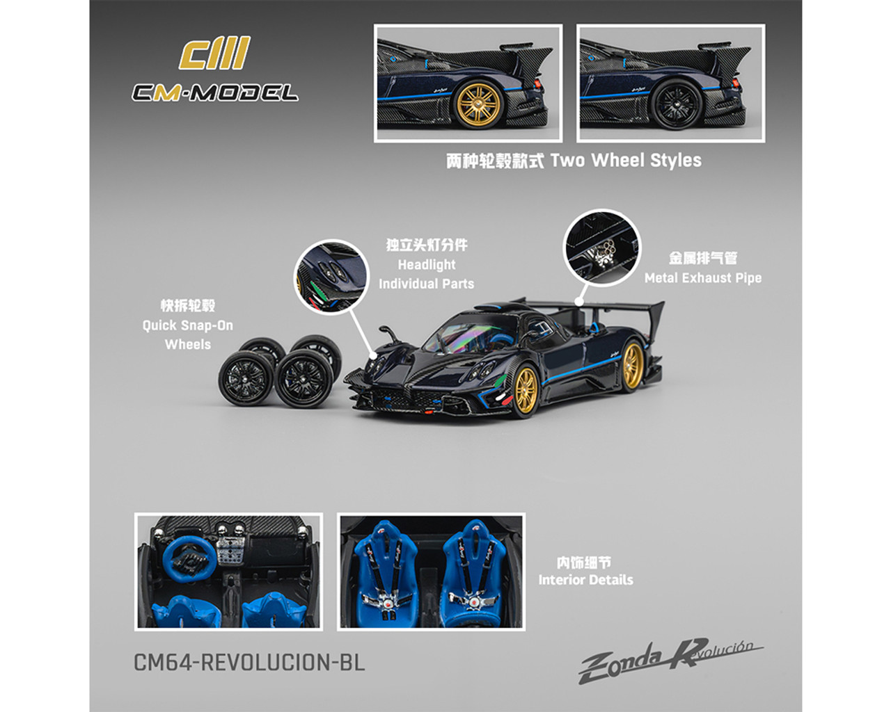 1/64 CM Model Pagani Zonda Revlucion (Metallic Blue with Carbon Fiber) Diecast Car Model