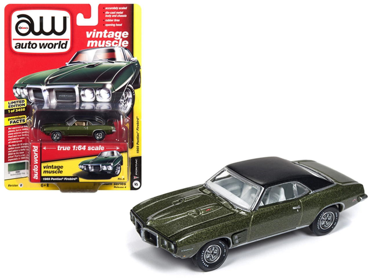 1969 Pontiac Firebird Verdoro Green Poly with Flat Black Roof "Vintage Muscle" Limited Edition to 3,456 pieces Worldwide 1/64 Diecast Model Car by Autoworld