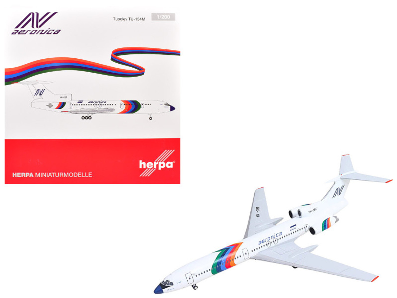 Tupolev TU-154M Commercial Aircraft "Aeronica" (YN-CBT) White with Stripes 1/200 Diecast Model by Herpa