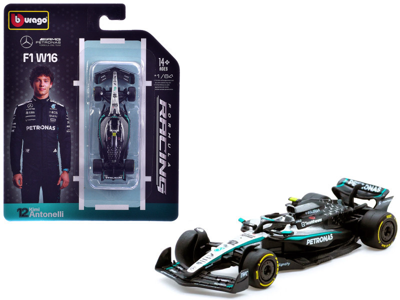 1/64 BBurago 2025 Formula 1 Mercedes AMG F1 W16 #12 Kimi Antonelli Diecast Car Model