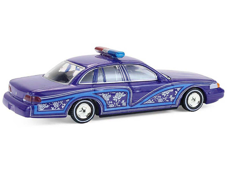 1992 Ford Crown Victoria Lowrider Blue with Graphics and Lightbar "California Lowriders" Series 7 1/64 Diecast Model Car by Greenlight