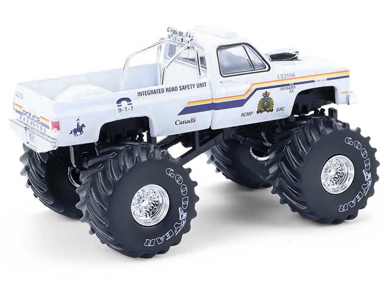 1986 Chevrolet Silverado Monster Truck "Royal Canadian Mounted Police" White with Stripes "Kings of Crunch - Hot Pursuit" Special Edition 1/64 Diecast Model Car by Greenlight