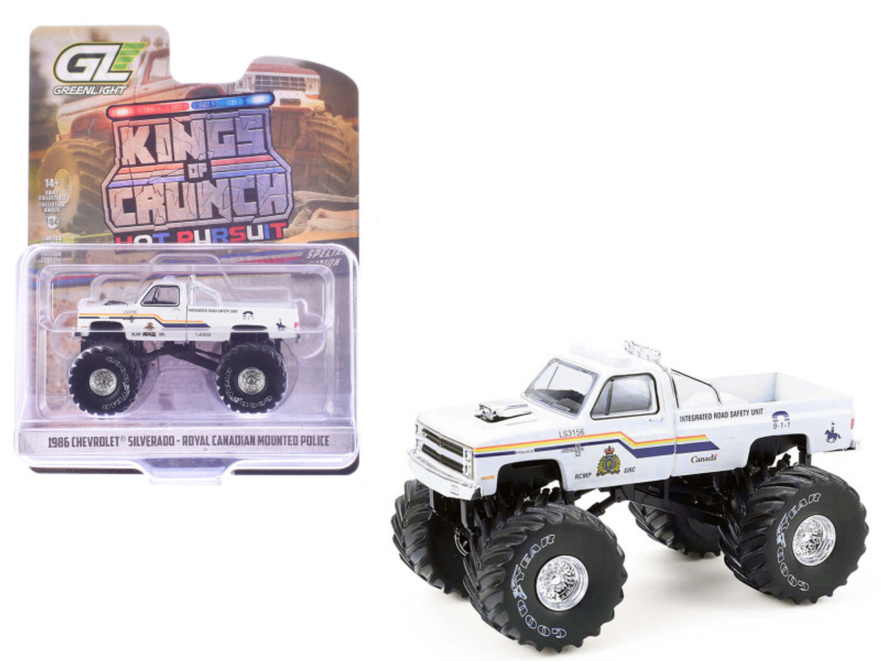 1986 Chevrolet Silverado Monster Truck "Royal Canadian Mounted Police" White with Stripes "Kings of Crunch - Hot Pursuit" Special Edition 1/64 Diecast Model Car by Greenlight