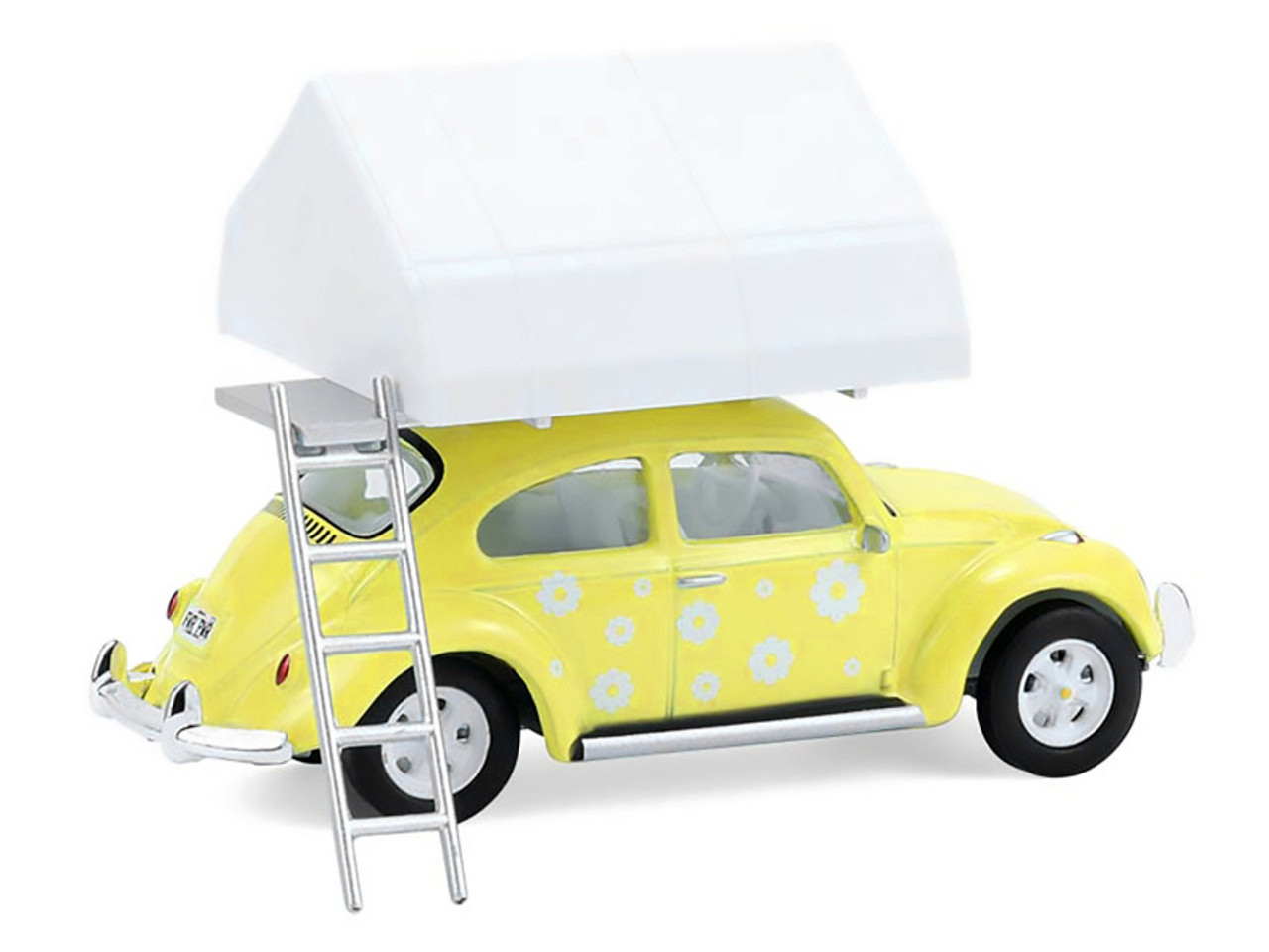 Volkswagen Classic Beetle Yellow with White Flower Graphics and Interior with Camp'otel Cartop Sleeper Tent "The Great Outdoors" Series 4 1/64 Diecast Model Car by Greenlight