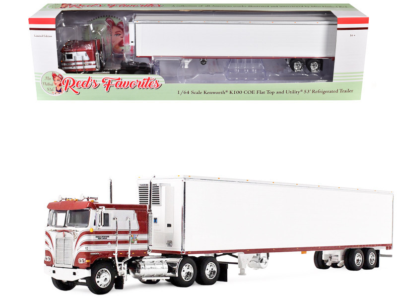 1/64 First Gear Kenworth K100 COE Flat Top Red’s Favorites - Jim Skrinar & 53’ Utility Trailer with Reefer Diecast Car Model