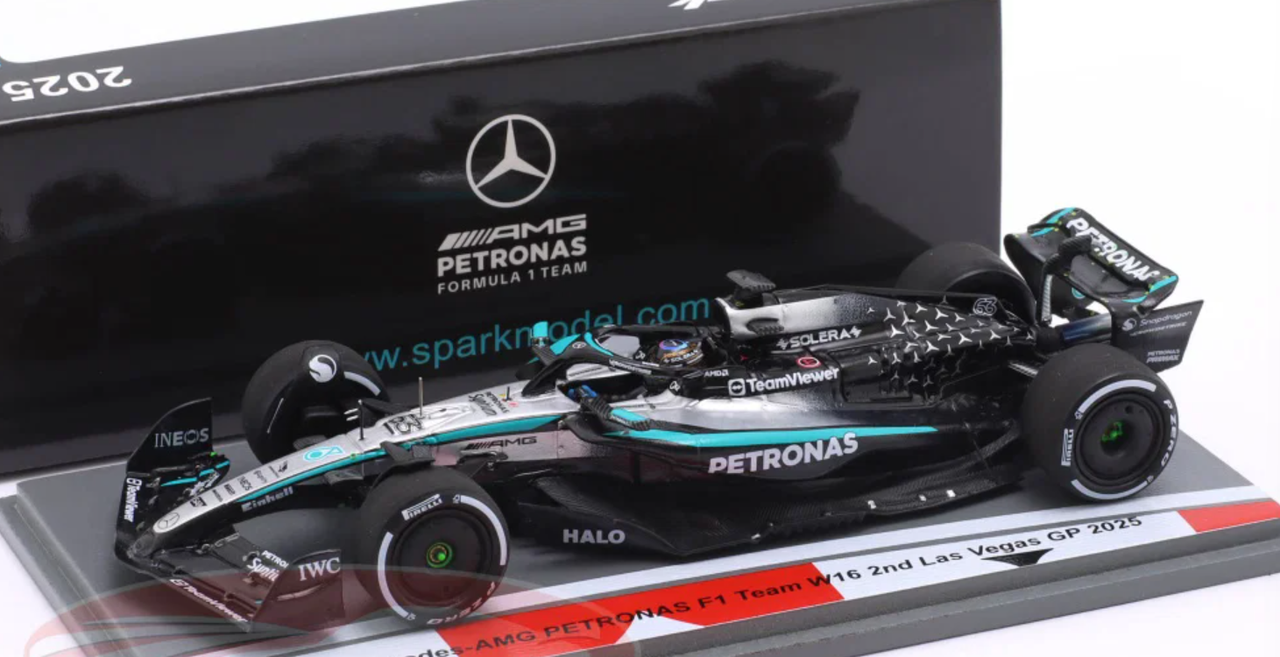 1/43 Spark 2025 Formula 1 Mercedes AMG Petronas F1 Team W16E 2nd Place Las Vegas GP #63 George Russell 150th GP Car Model