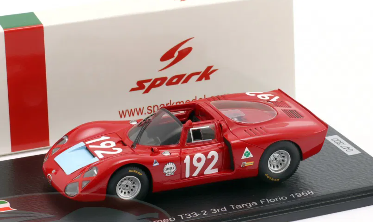 1/43 Spark 1968 Alfa Romeo T33/2 #192 3rd Targa Florio Autodelta Spa Lucien Bianchi, Mario Casoni Car Model