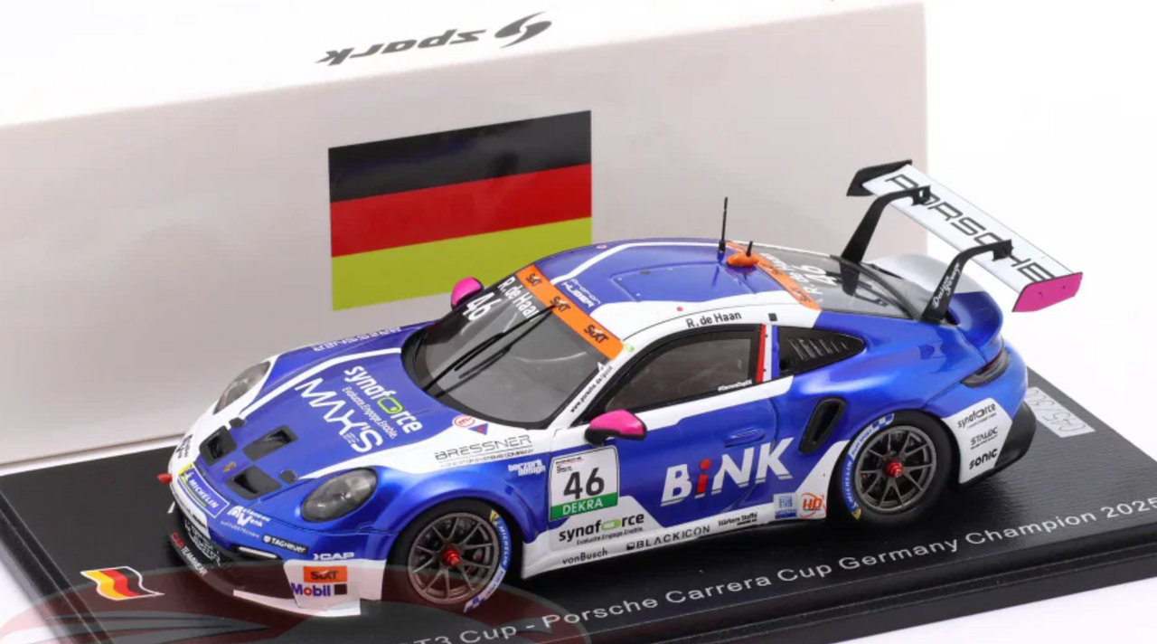1/43 Spark Porsche 911 GT3 Cup No.46 Porsche Carrera Cup Germany Champion 2025 Robert de Haan Car Model