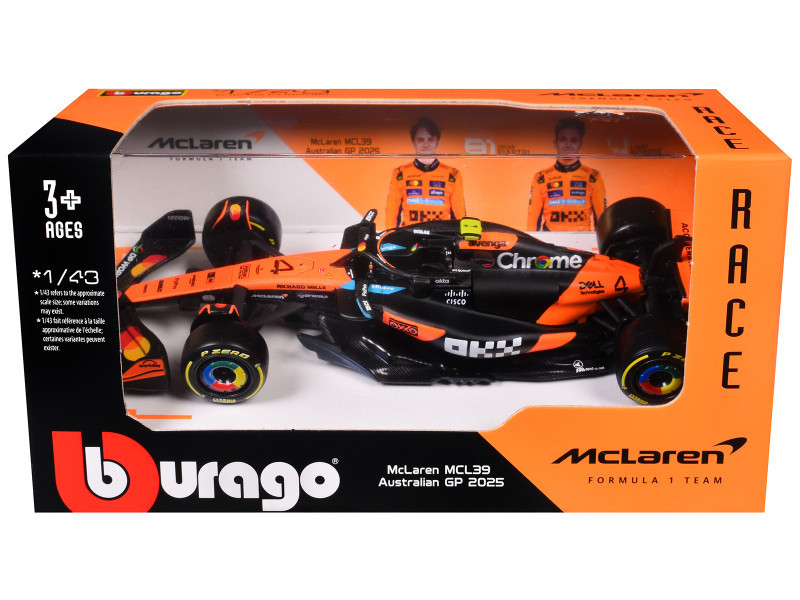 1/43 BBurago 2025 Formula 1 Lando Norris McLaren MCL39 #4 Winner Australian GP Car Model
