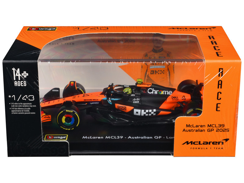 1/43 BBurago 2025 Formula 1 Lando Norris McLaren MCL39 #4 Winner Australian GP Car Model with Driver Figure