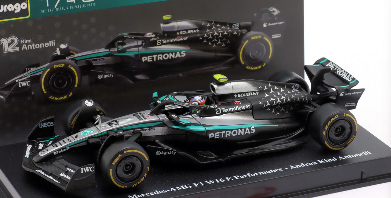1/43 BBurago 2025 Formula 1 Kimi Antonelli Mercedes-AMG F1 W16 #12 Car Model with Driver Figure