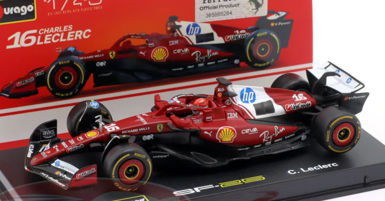1/43 BBurago 2025 Formula 1 Charles Leclerc Ferrari SF-25 #16 Car Model with Driver Figure