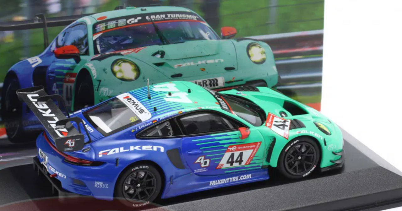 1/43 Minichamps 2023 Porsche 911 GT3 R #44 24h Nürburgring Falken Motorsports Joel Eriksson, Tim Heinemann, Nico Menzel, Martin Ragginger Car Model