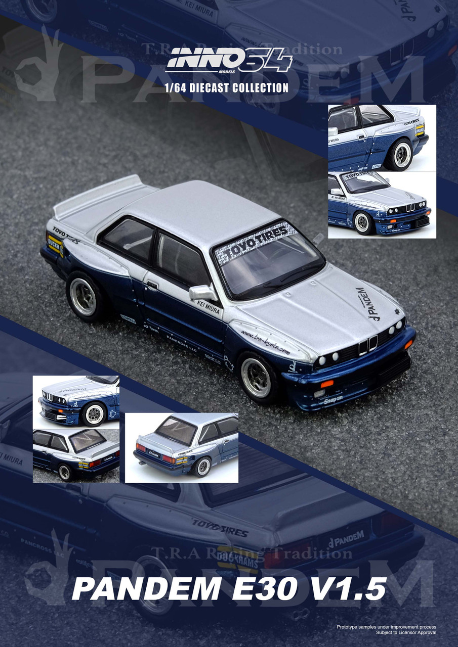1/64 Inno BMW Pandem E30 M3 (Silver & Blue) Diecast Car Model