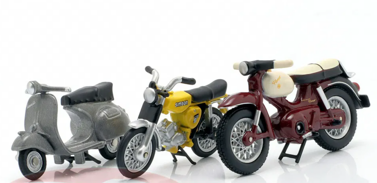 1/43 Schuco 3-Motorcycle Set: Kreidler Florett,  Vespa GS, Simson S51 Models
