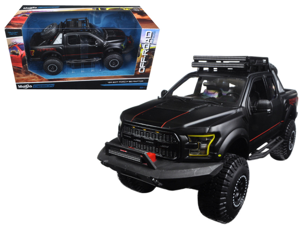 2017 Ford F-150 Raptor Pickup Truck Matt Black Off Road Kings 1/24  Diecast Model Car by Maisto