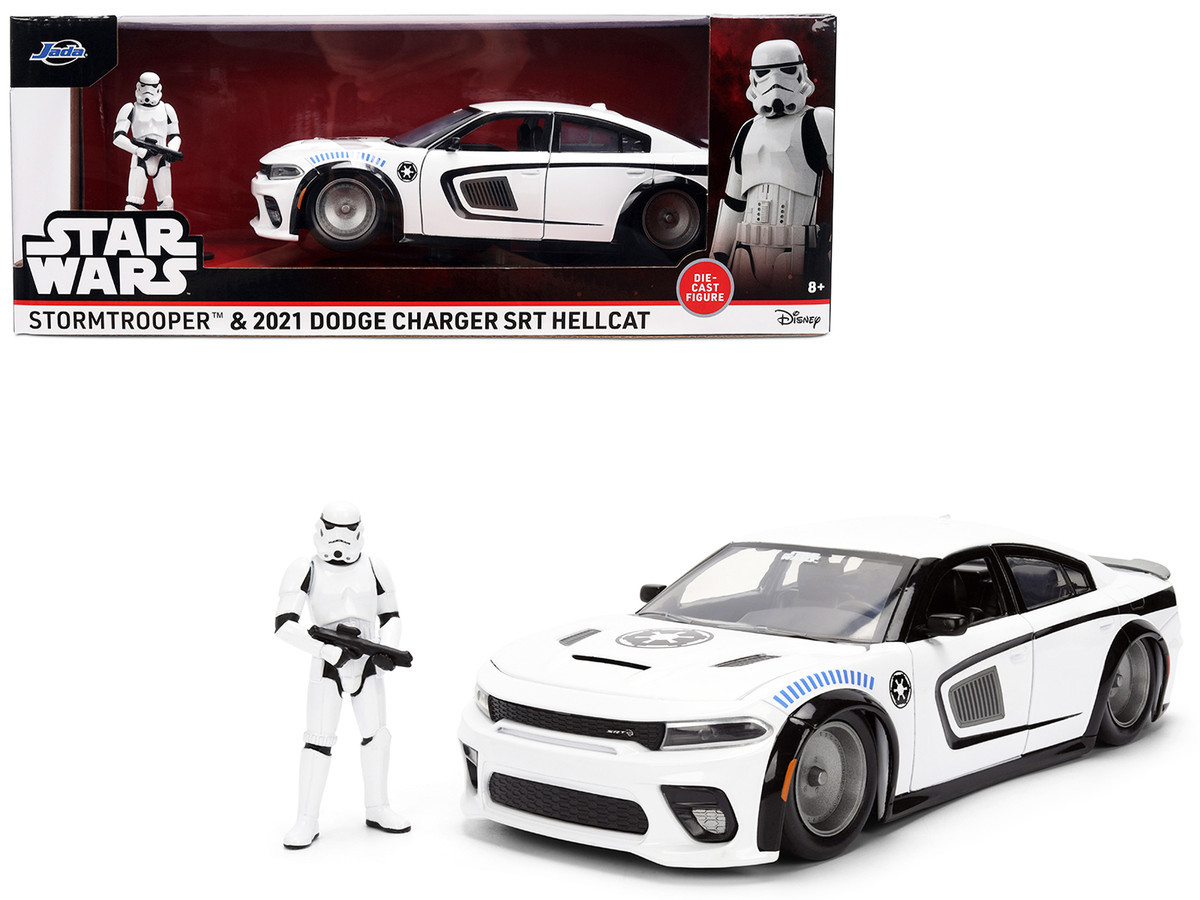 1/24 Jada 2021 Dodge Charger SRT Hellcat White with Graphics & Stormtrooper Figure "Star Wars" Franchise "Hollywood Rides" Series Diecast Car Model