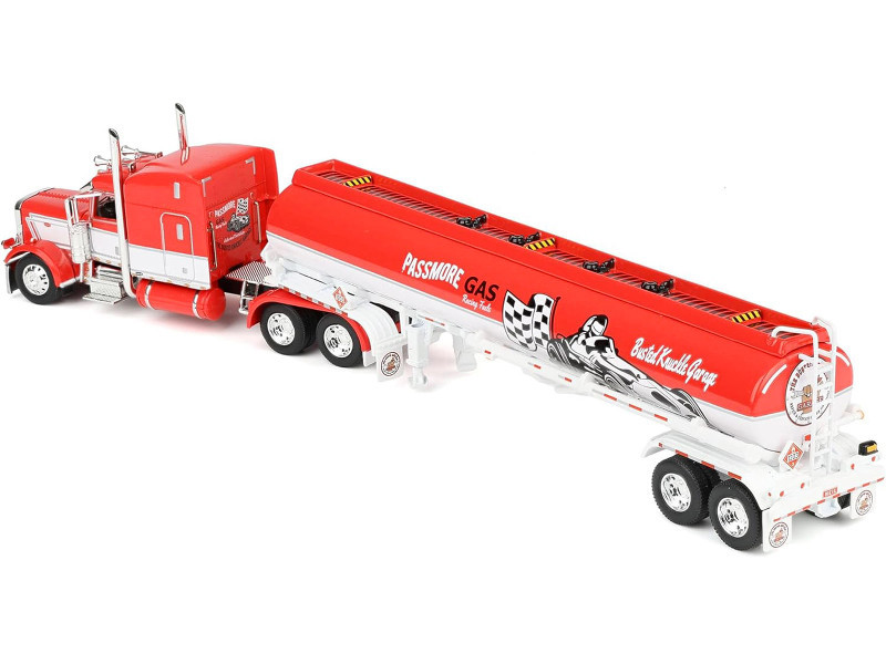 Peterbilt 389 with 63" Mid-Roof Sleeper and Heil Fuel Tank Trailer "Busted Knuckle Garage" Red and White 1/64 Diecast Model by DCP/First Gear