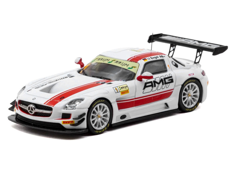 1/64 Tarmac Works Mercedes-Benz SLS AMG GT3 Macau GT Cup - FIA GT World Cup 2015 Winner Maro Engel Car Model with 1 Pack of 2 Collectible Trading Cards