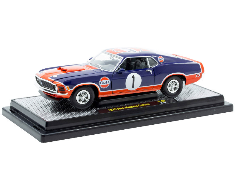 1970 Ford Mustang Custom #1 "Gulf Oil" Dark Blue with Orange Graphics Limited Edition to 7850 pieces Worldwide 1/24 Diecast Model Car by M2 Machines
