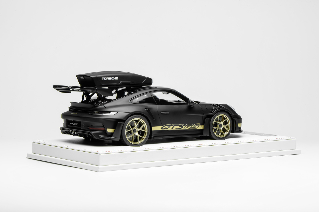1/18 Ivy Merit Porsche 911 (992) GT3 RS (Matte Black with Gold Livery & Gold Wheels) Car Model with Detachable Roof Rack Limited 20 Pieces