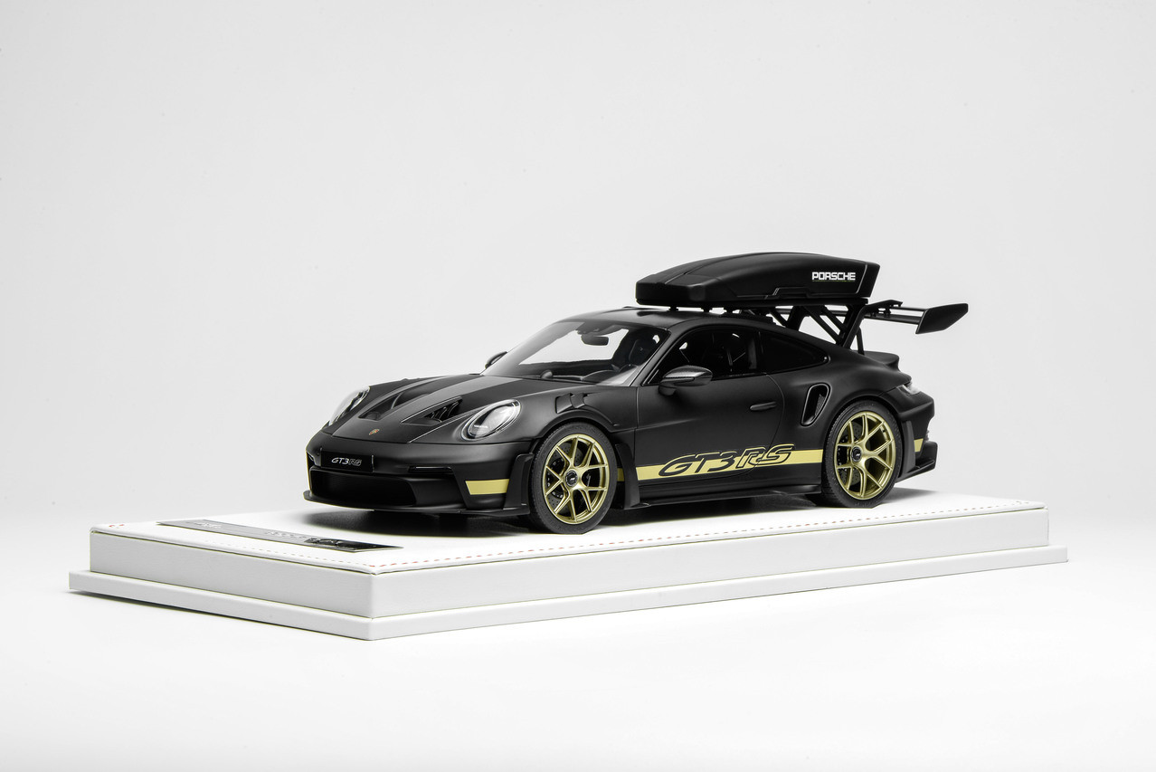 1/18 Ivy Merit Porsche 911 (992) GT3 RS (Matte Black with Gold Livery & Gold Wheels) Car Model with Detachable Roof Rack Limited 20 Pieces