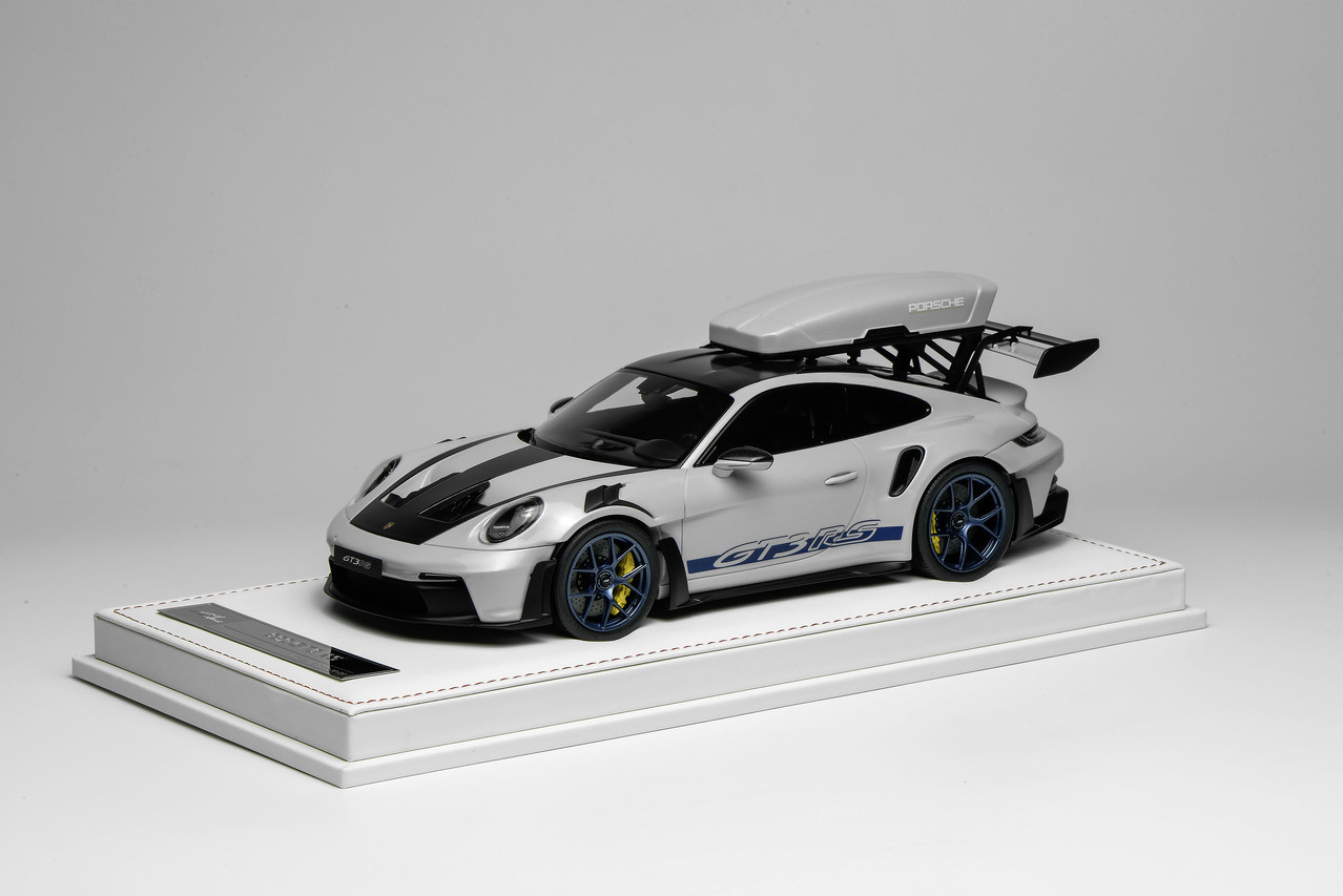 1/18 Ivy Merit Porsche 911 (992) GT3 RS (Ice Grey Metallic with Blue Livery & Blue Wheels) Car Model with Detachable Roof Rack Limited 25 Pieces