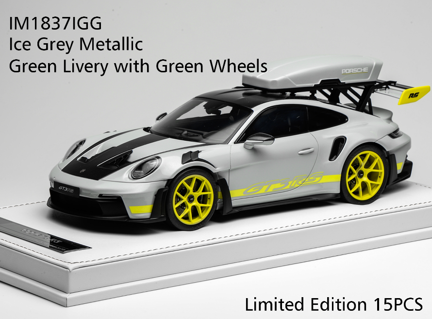 1/18 Ivy Merit Porsche 911 (992) GT3 RS (Ice Grey Metallic with Green Livery & Green Wheels) Car Model with Detachable Roof Rack Limited 15 Pieces
