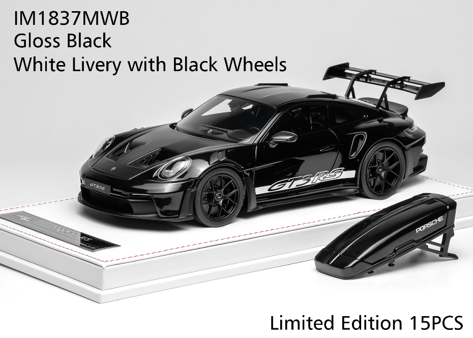 1/18 Ivy Merit Porsche 911 (992) GT3 RS (Gloss Black with White Livery & Black Wheels) Car Model with Detachable Roof Rack Limited 15 Pieces