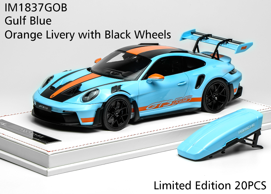 1/18 Ivy Merit Porsche 911 (992) GT3 RS (Gulf Blue with Orange Livery & Black Wheels) Car Model with Detachable Roof Rack Limited 20 Pieces