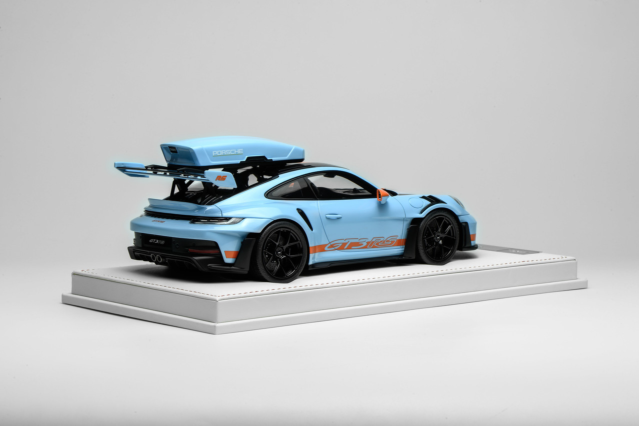1/18 Ivy Merit Porsche 911 (992) GT3 RS (Gulf Blue with Orange Livery & Black Wheels) Car Model with Detachable Roof Rack Limited 20 Pieces