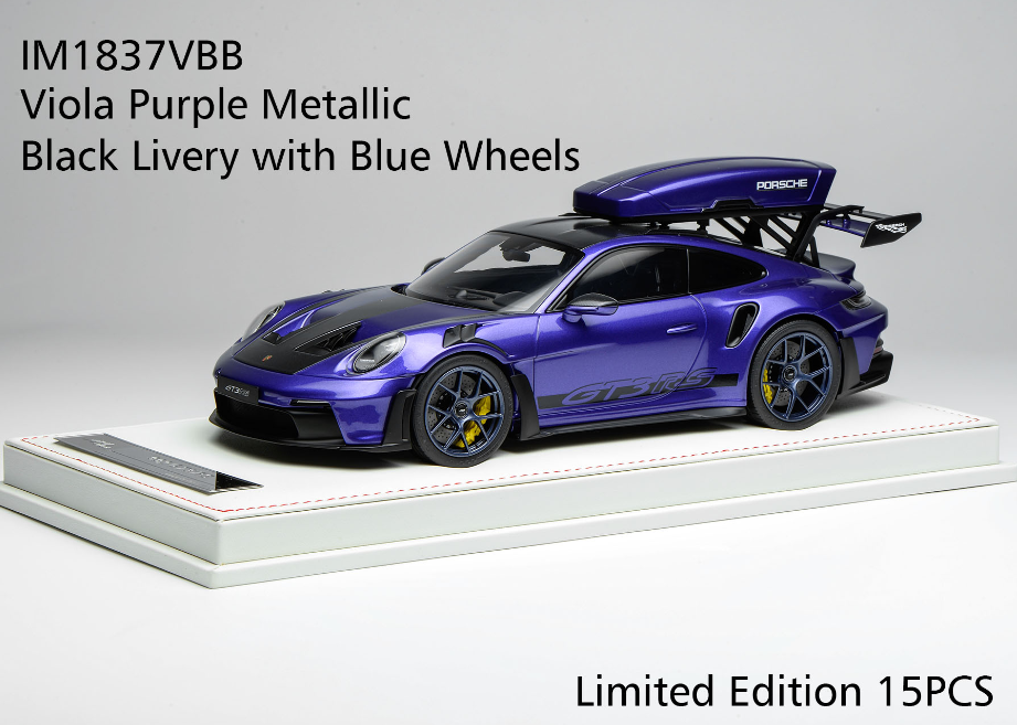 1/18 Ivy Merit Porsche 911 (992) GT3 RS (Violet Purple Metallic with Black Livery & Blue Wheels) Car Model with Detachable Roof Rack Limited 15 Pieces