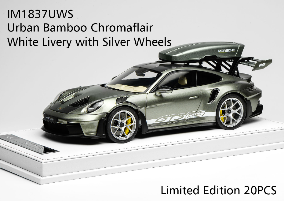 1/18 Ivy Merit Porsche 911 (992) GT3 RS (Urban Bamboo Chromaflair Green with White Livery & Silver Wheels) Car Model with Detachable Roof Rack Limited 20 Pieces