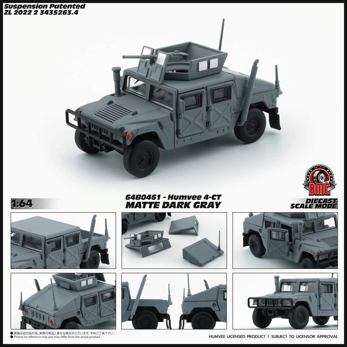 1/64 BMC Hummer Humvee 4-CT (Matte Dark Grey) Car Model