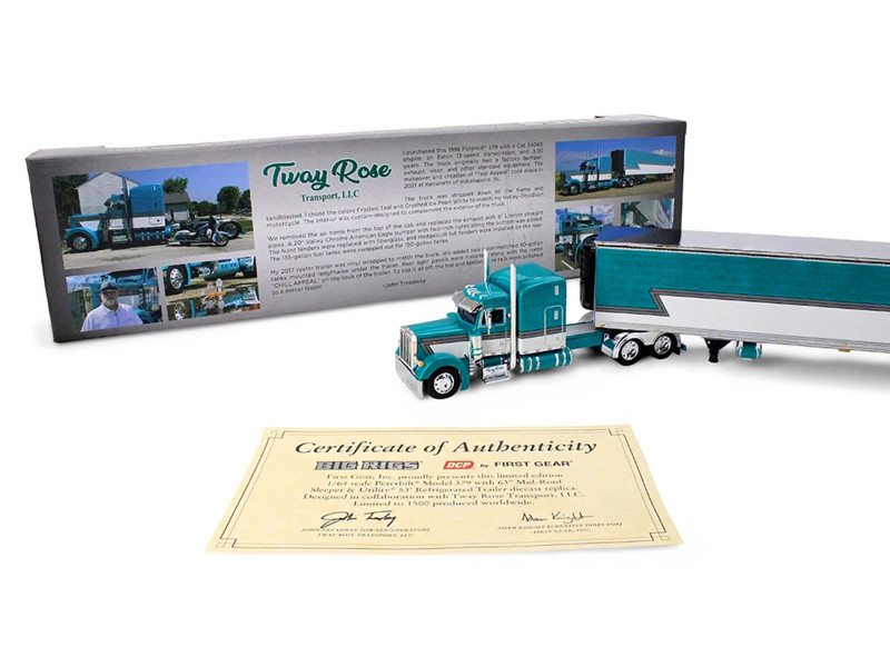 1/64 First Gear Peterbilt Model 379 with 63” Mid-Roof Sleeper & 53’ Utility Trailer with Reefer (Big Rigs Series II #5 - Tway Rose Transport) Diecast Car Model
