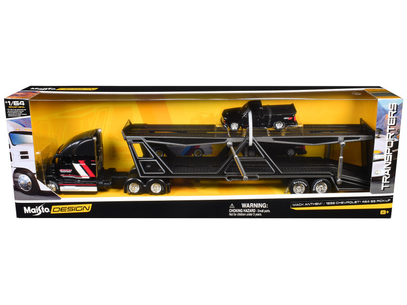 Mack Anthem Open Car Hauler Black with Red and White Stripes "Kenzie's Transport Services" and 1993 Chevrolet 454 SS Pickup Truck Black "Transporters" Series 1/64 Diecast Models by Maisto