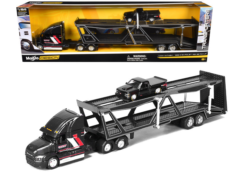 Mack Anthem Open Car Hauler Black with Red and White Stripes "Kenzie's Transport Services" and 1993 Chevrolet 454 SS Pickup Truck Black "Transporters" Series 1/64 Diecast Models by Maisto