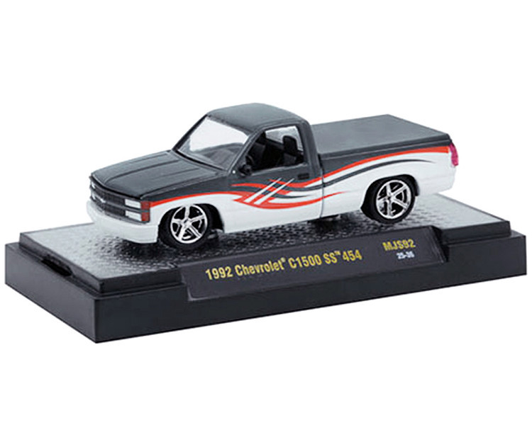 1992 Chevrolet C1500 SS 454 Pickup Truck Gray and White with Graphics Limited Edition to 9680 pieces Worldwide 1/64 Diecast Model Car by M2 Machines