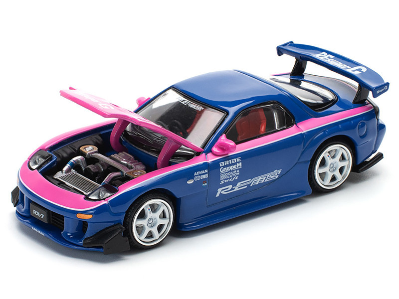 Mazda RX-7 RE-Amemiya Widebody RHD (Right Hand Drive) Blue with Pink Hood and Stripes 1/64 Diecast Model Car by Pop Race