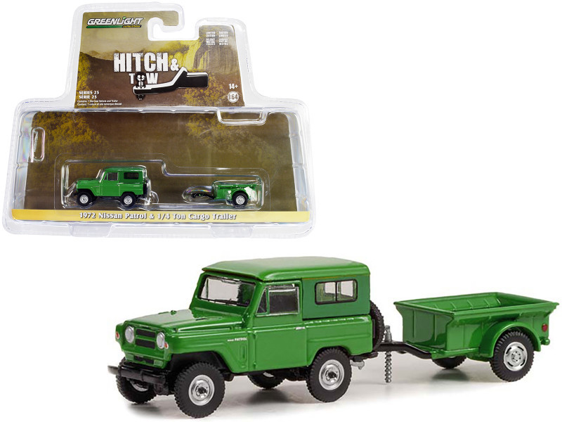 OPEN PACKAGE 1/64 Greenlight 1972 Nissan Patrol Green with 1/4 Ton Cargo Trailer "Hitch & Tow" Series 25 Diecast Car Model