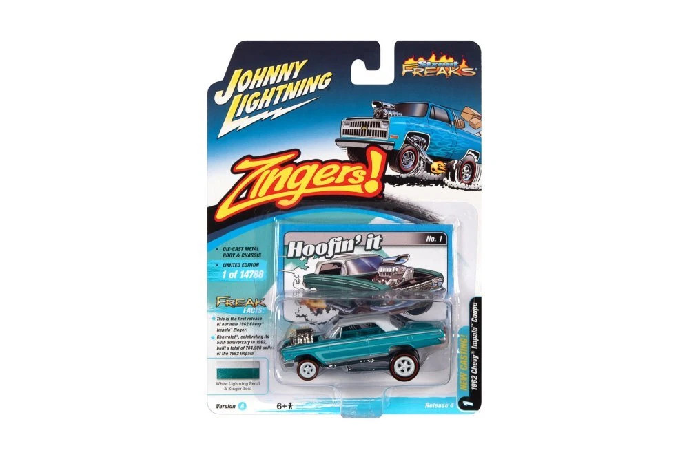 1/64 Johnny Lightning 1962 Chevrolet Impala Coupe Zinger (White Lightning Pearl & Zinger Teal Blue Green) Diecast Car Model