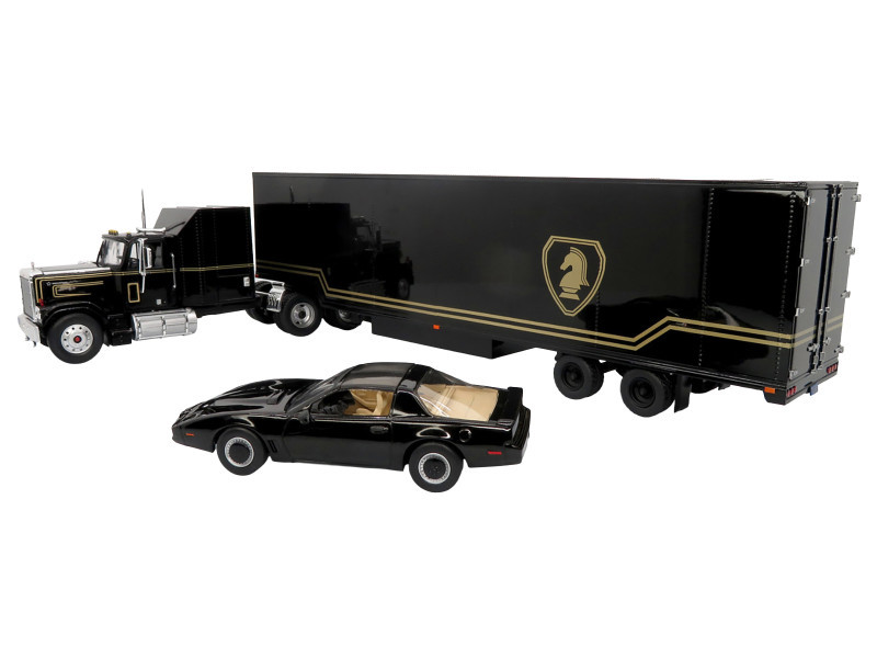 1980 GMC General Truck with Box Trailer Black with Gold Stripes and 1982 Pontiac Firebird Trans Am Black "Knight Set" "North American Vintage Truck Collection" Limited Edition to 252 pieces Worldwide 1/43 Diecast Model by Iconic Replicas