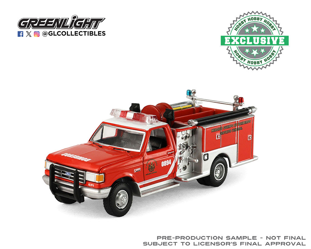 1/64 Greenlight 1990 Ford F-350 Mini Pumper Fire Truck Heroico Cuerpo de Bomberos Distrito Federal, Mexico Diecast Car Model