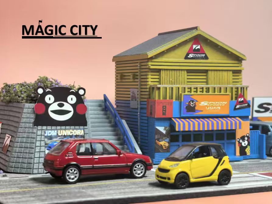 1/64 Magic City Japan JDM Spoon Shop & Parking Lot Diorama with LED (cars & figures NOT included)
