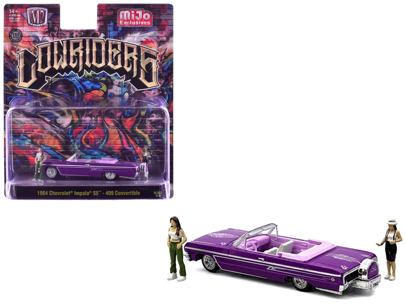1/64 M2 Machines Diorama Series 1964 Chevrolet Impala SS Convertible Top-Down Lowriders with 2 Ladies Figures (Metallic Purple) Diecast Car Model