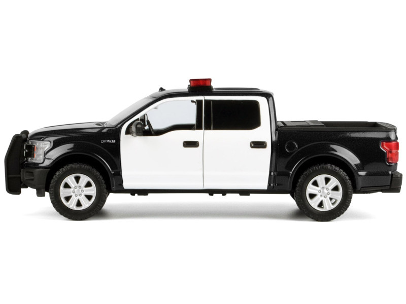 2019 Ford F-150 Lariat Crew Cab Pickup Truck Black and White with Flashing Light Bar and Front and Rear Lights and Sounds 1/27 Diecast Model Car by Motormax