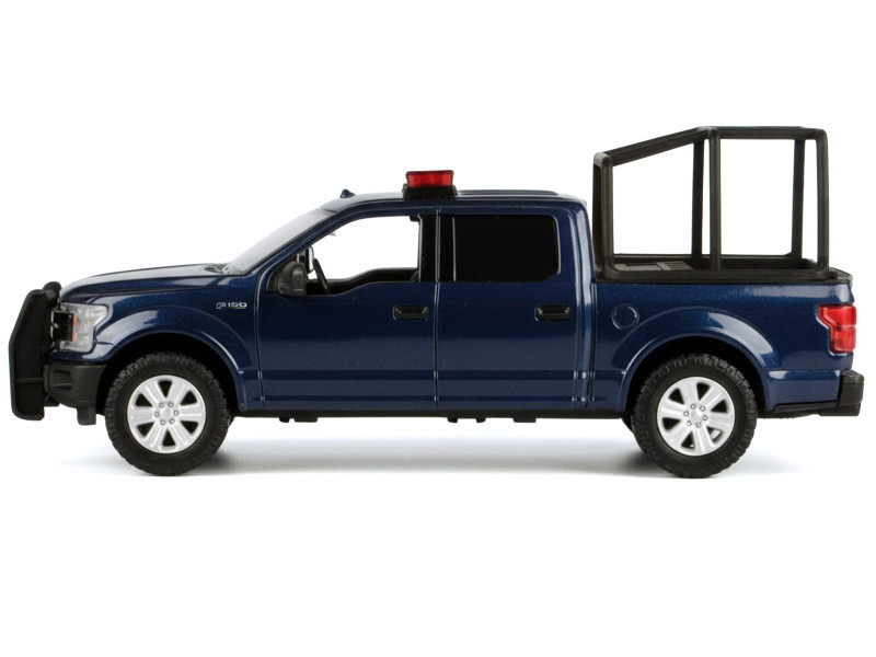 2019 Ford F-150 Lariat Crew Cab Pickup Truck with Bed Cage Dark Blue with Flashing Light Bar and Front and Rear Lights and Sounds 1/27 Diecast Model Car by Motormax