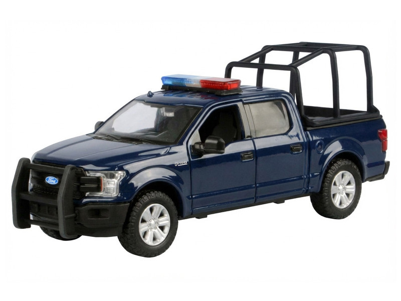 2019 Ford F-150 Lariat Crew Cab Pickup Truck with Bed Cage Dark Blue with Flashing Light Bar and Front and Rear Lights and Sounds 1/27 Diecast Model Car by Motormax