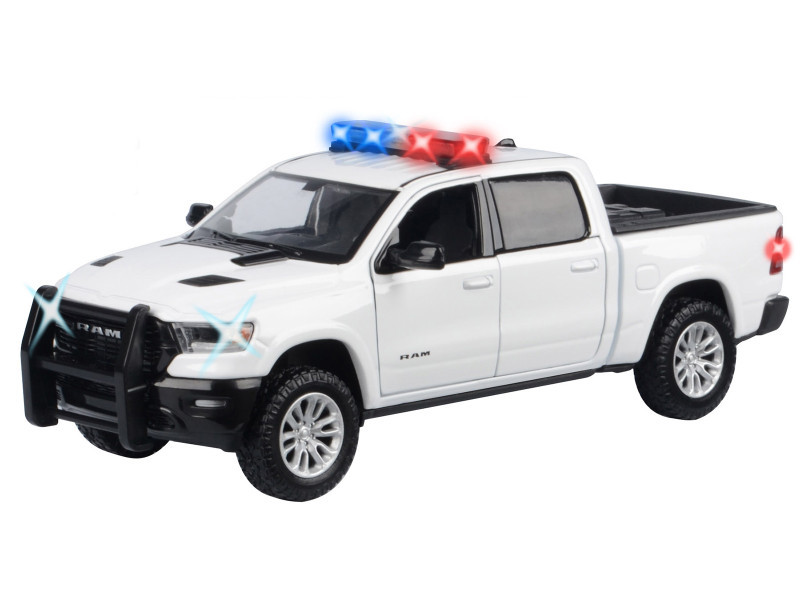2019 RAM 1500 Laramie Crew Cab Pickup Truck White with Flashing Light Bar and Front and Rear Lights and Sounds 1/27 Diecast Model Car by Motormax